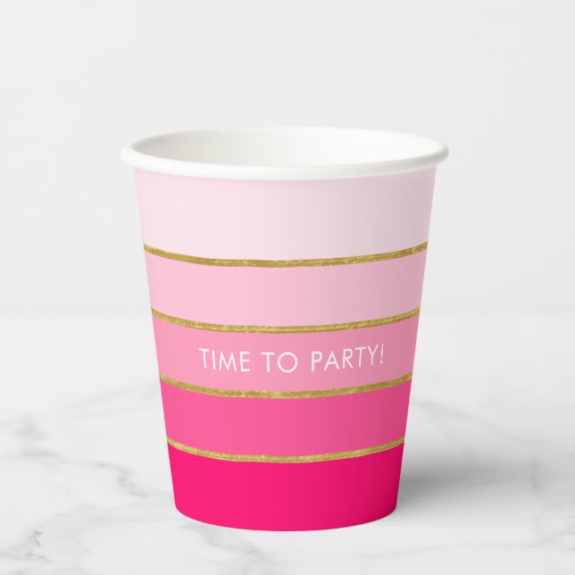 Customizable Bright Pink & Gold Stripe Party Paper Cups (Front)