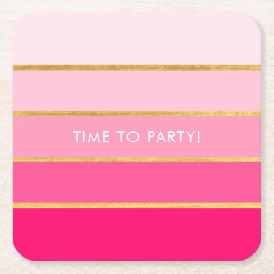 Customizable Bright Pink & Gold Stripe Square Paper Coaster