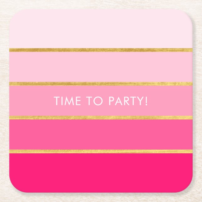 Customizable Bright Pink & Gold Stripe Square Paper Coaster (Front)