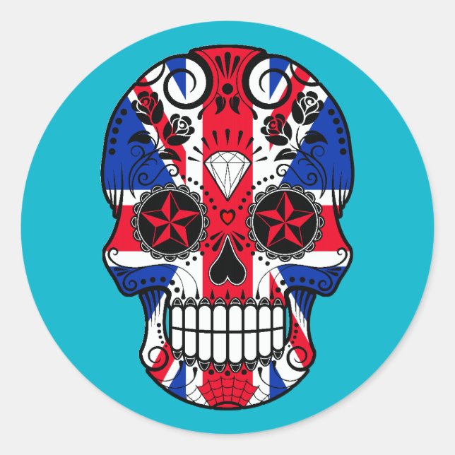 Customizable British Flag Sugar Skull with Roses Classic Round Sticker (Front)