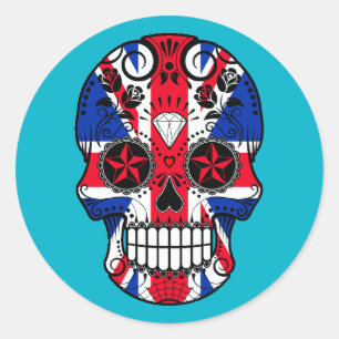 Customizable British Flag Sugar Skull with Roses Classic Round Sticker