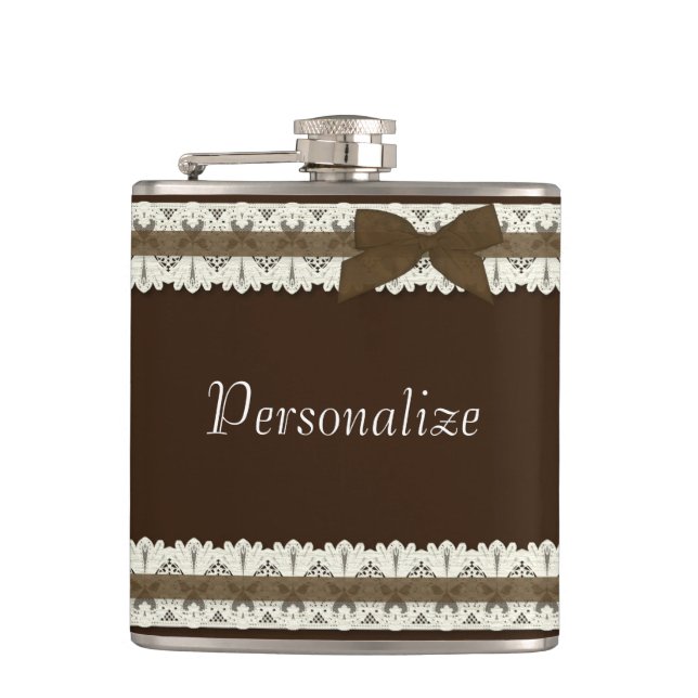 Customizable brown lace ribbon bow flask (Front)