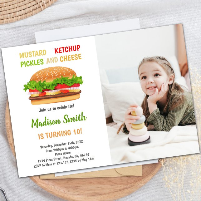 Customizable Burger Party Invitations for Kids (Burger Birthday Invitations with photo)