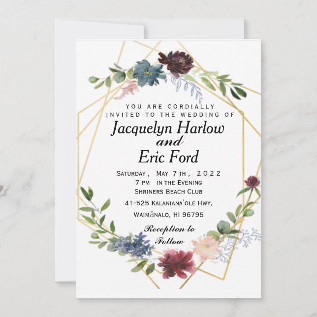 Customizable Burgundy Baby Blue Flower Wedding Invitation (Front)