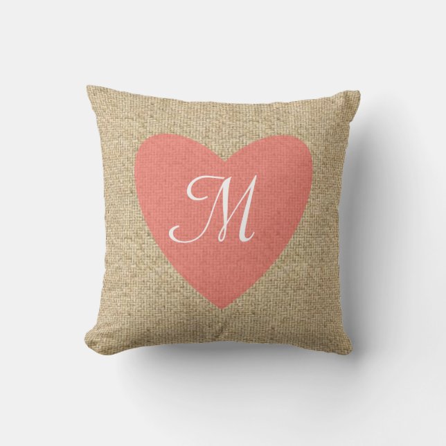 Customizable burlap pink heart monogram pillow (Front)