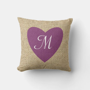 Customizable burlap purple heart monogram pillow