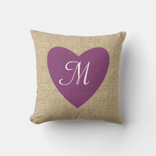 Customizable burlap purple heart monogram pillow (Front)