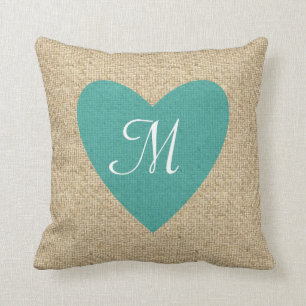 Customizable burlap teal heart monogram pillow