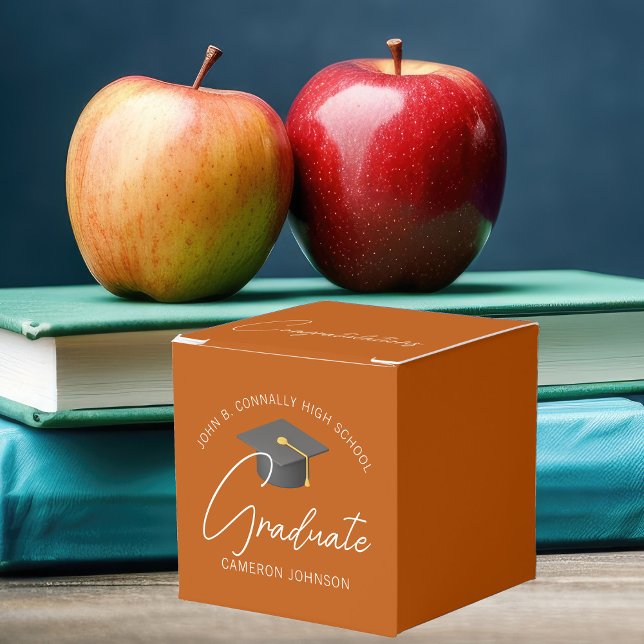 Customizable Burnt Orange Square Graduation Party Favor Box (Creator Uploaded)
