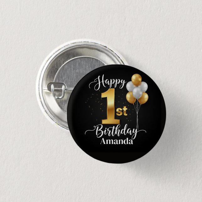 Customizable Button for 1st Birthday (Black/Gold) (Front & Back)