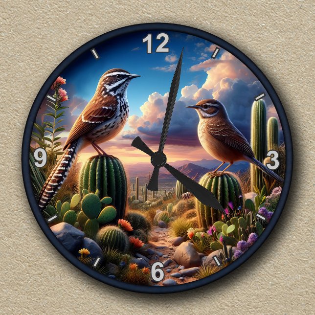 Customizable Cactus Wrens Arizona Desert Scene Round Clock (Creator Uploaded)