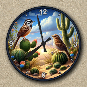 Customizable Cactus Wrens Arizona Desert Scene Round Clock