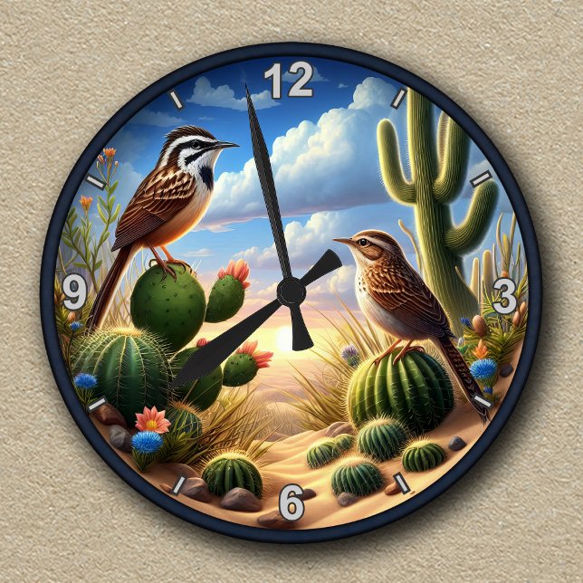 Customizable Cactus Wrens Arizona Desert Scene Round Clock (Creator Uploaded)