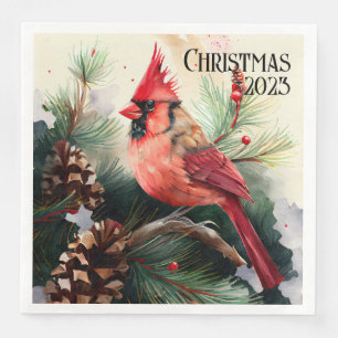 Customizable Cardinal on Evergreen Tree Christmas Napkin