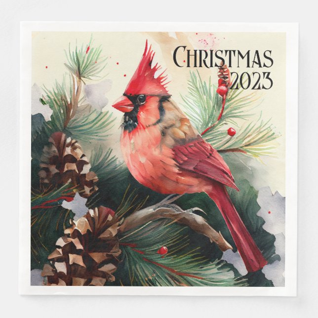 Customizable Cardinal on Evergreen Tree Christmas Napkin (Front)