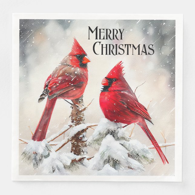 Customizable Cardinals in Winter Scene Christmas Napkin (Front)