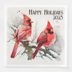 Customizable Cardinals on Evergreen Tree Christmas Napkin