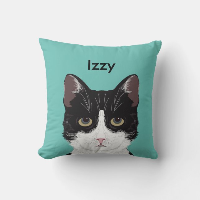 Customizable Cat Name - Black and White Tuxedo Cat Throw Pillow (Front)