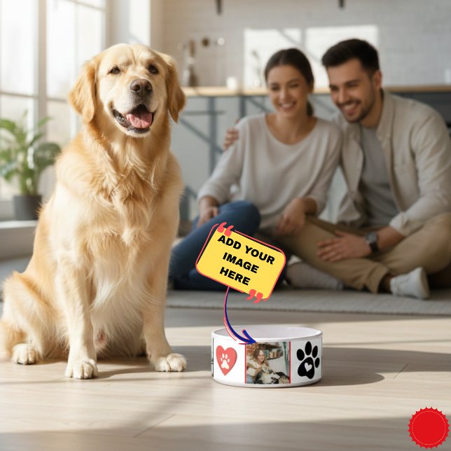 Customizable Cat Photo Collage Bowl - Red and Blac (Customizable Cat Photo Collage Bowl - Red and Black Heart Paw Print Design - Personalized Pet Feedin)