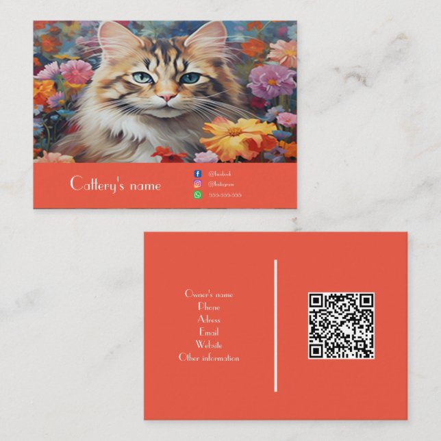 Customizable Cattery Business Card Floral Orange (Front/Back)