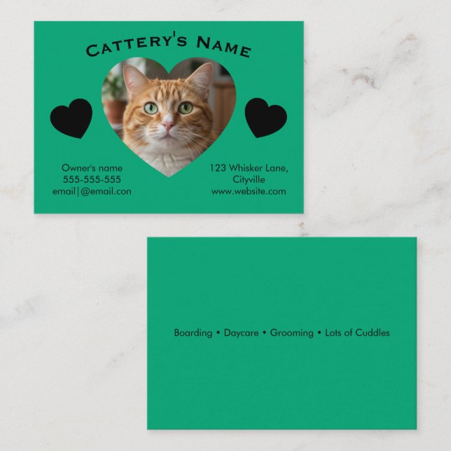 Customizable Cattery Business Card - Heart Photo (Front/Back)