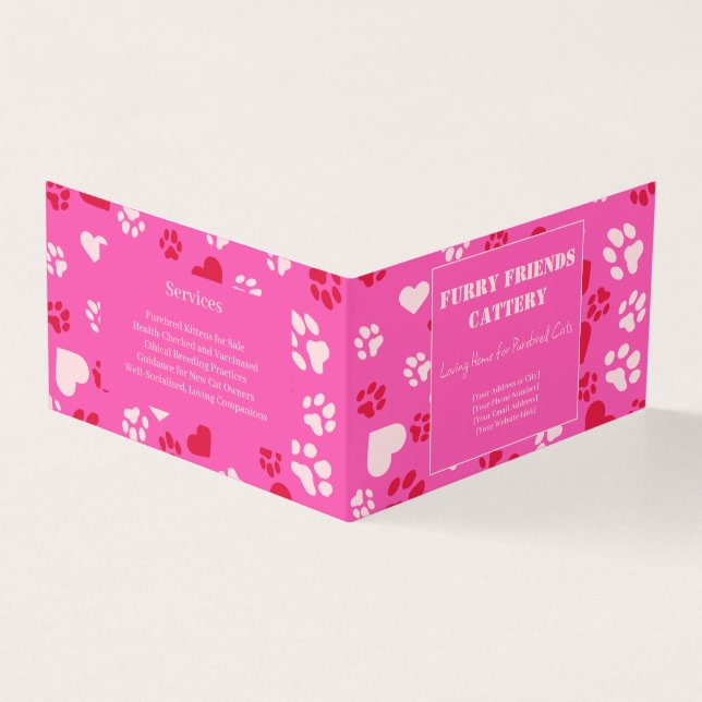 Customizable Cattery Business Card Pink Paw Print  (Outside)