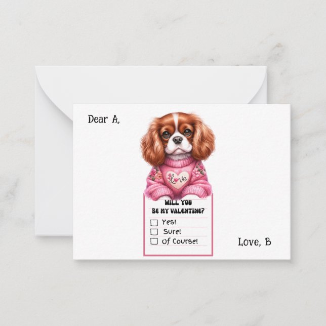 Customizable Cavalier King Charles Valentine Note  Card (Front)
