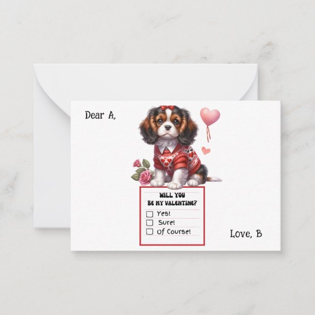 Customizable Cavalier King Charles Valentine Note  Card (Front)