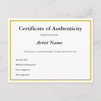 Customizable Certificate of Authenticity for Art Postcard