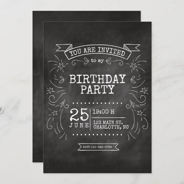 Customizable Chalkboard Birthday Invitation. Invitation (Front/Back)