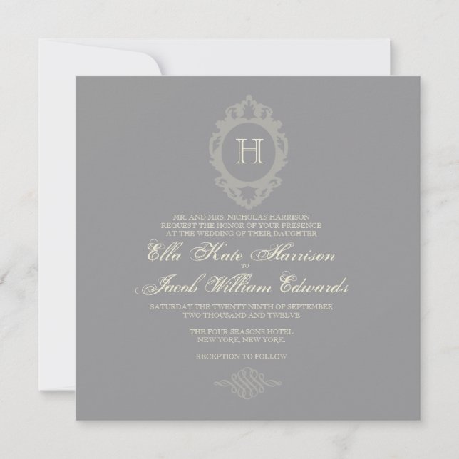 Customizable Charcoal & Cream Monogram Invitation (Front)