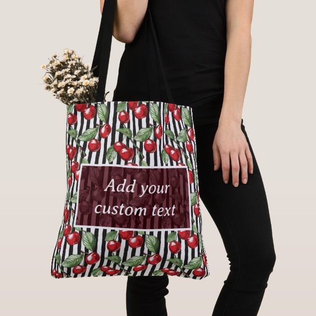 Customizable Cherry Striped Tote Bag (Close Up)