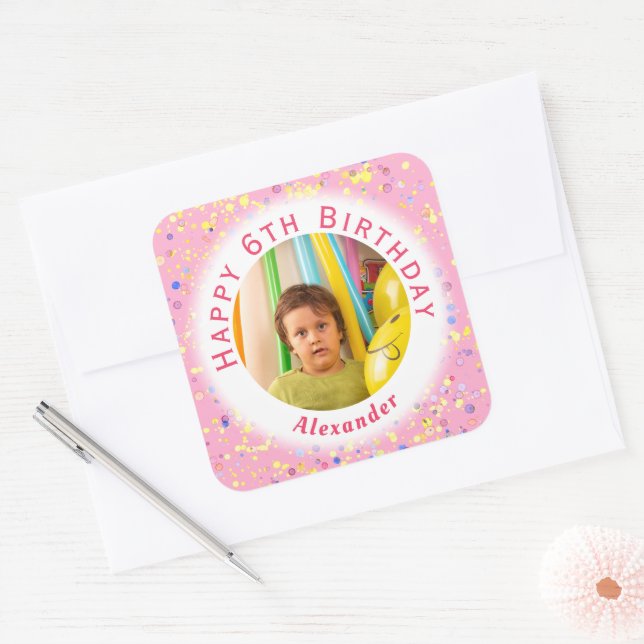 Customizable Child's Birthday Party Photo Painted Square Sticker (Envelope)