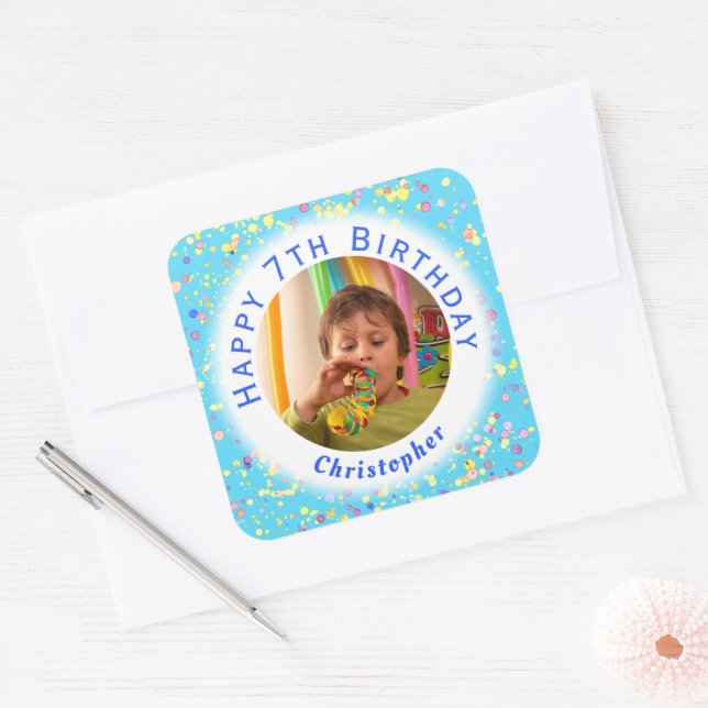 Customizable Child's Birthday Photo Watercolor Square Sticker (Envelope)