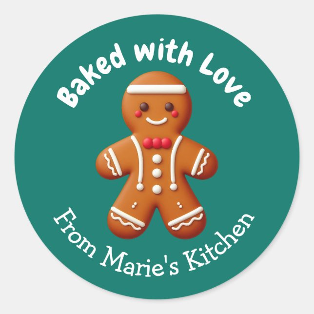 Customizable Christmas Gingerbread Baked with Love Classic Round Sticker (Front)
