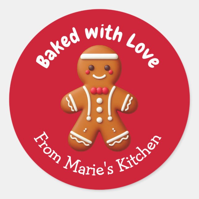 Customizable Christmas Gingerbread Baked with Love Classic Round Sticker (Front)