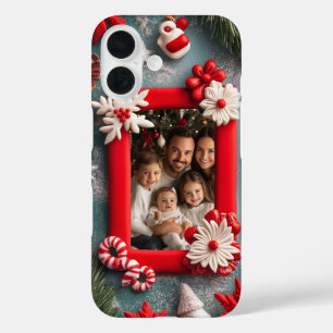 Customizable Christmas Photo Red Frame  iPhone 16 Case