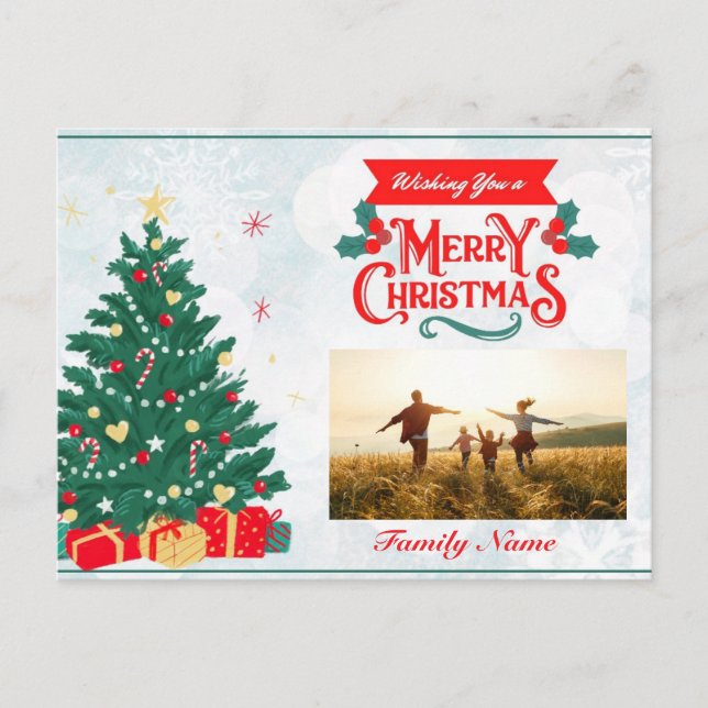 Customizable Christmas Postcard with Tree & Gifts (Front)
