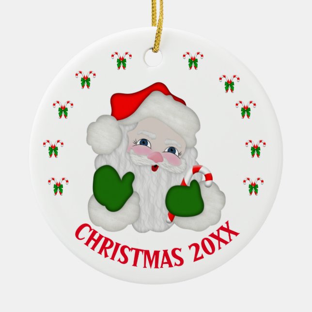 Customizable Christmas Santa & Candycanes Ceramic Ornament (Front)