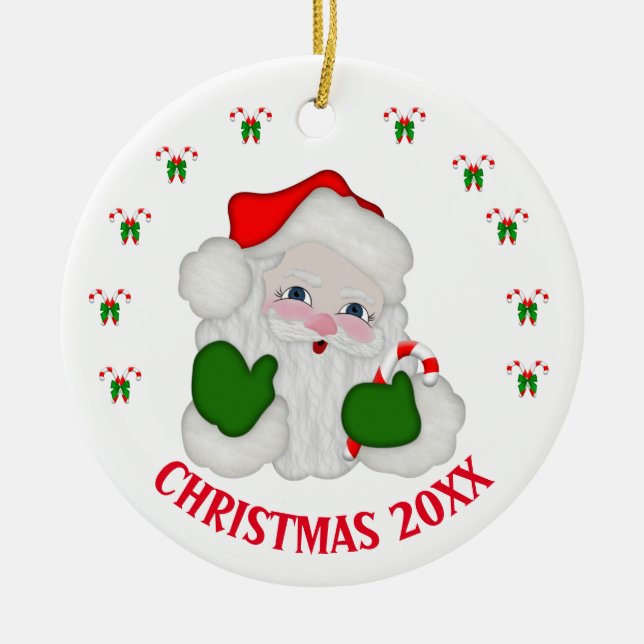 Customizable Christmas Santa & Candycanes Ceramic Ornament (Front)