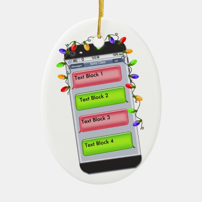 CUSTOMIZABLE Christmas Text Message & Xmas Lights Ceramic Ornament (Front)