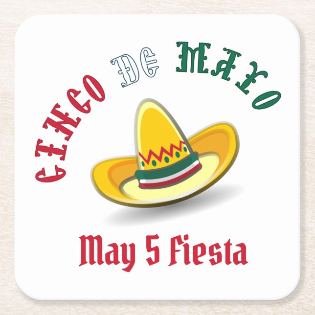 Customizable Cinco de Mayo May 5 Fiesta Square Paper Coaster (Front)