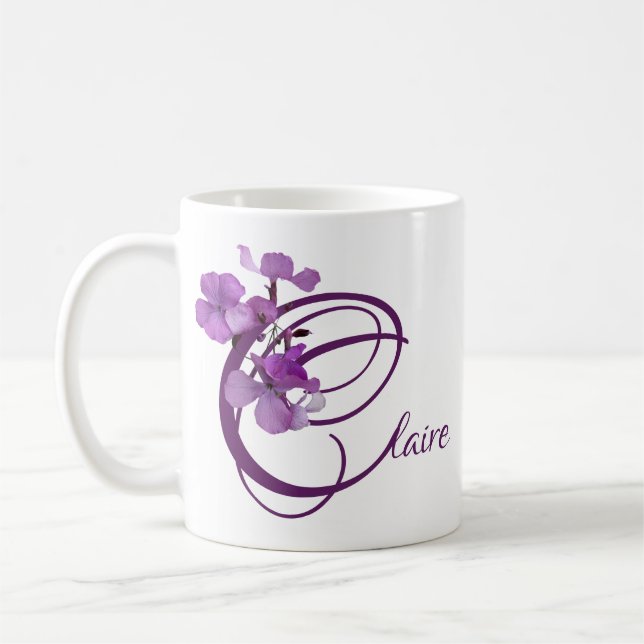 Customizable Claire name purple flower trendy boho Coffee Mug (Left)