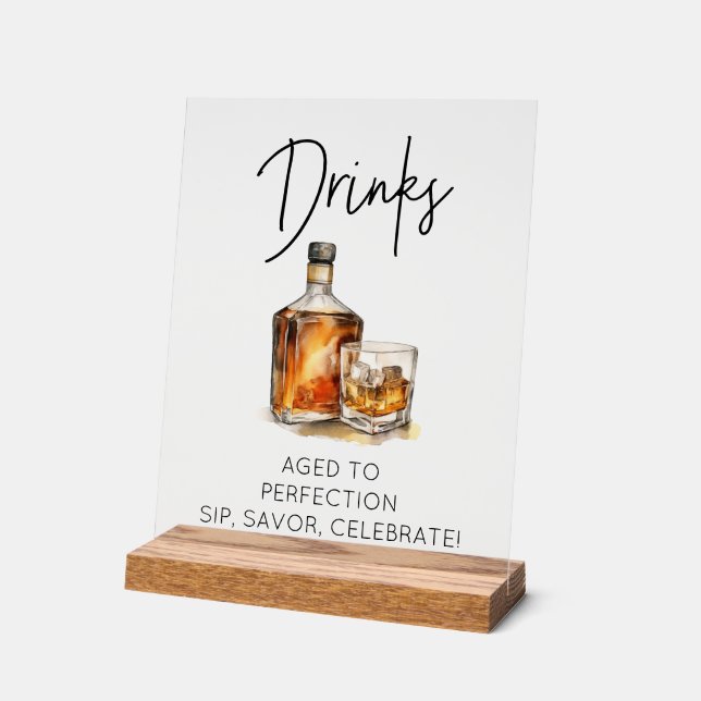 Customizable Clear Acrylic Whiskey Bar Drinks Sign (Angle)