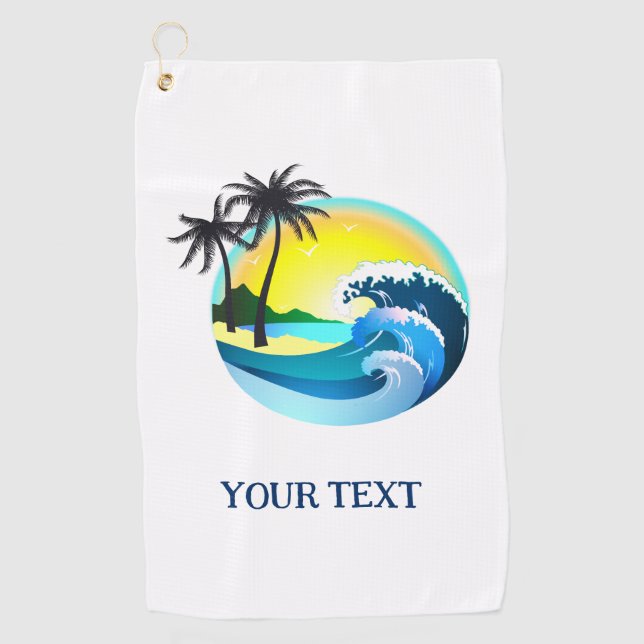 Customizable coconut trees blue waves tropical golf towel (Front)