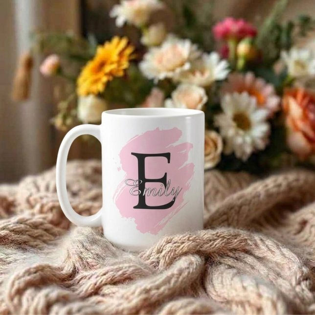 Customizable Coffee Mug with Monogram & Name (Fully customizable paint stroke monogram coffee mug)