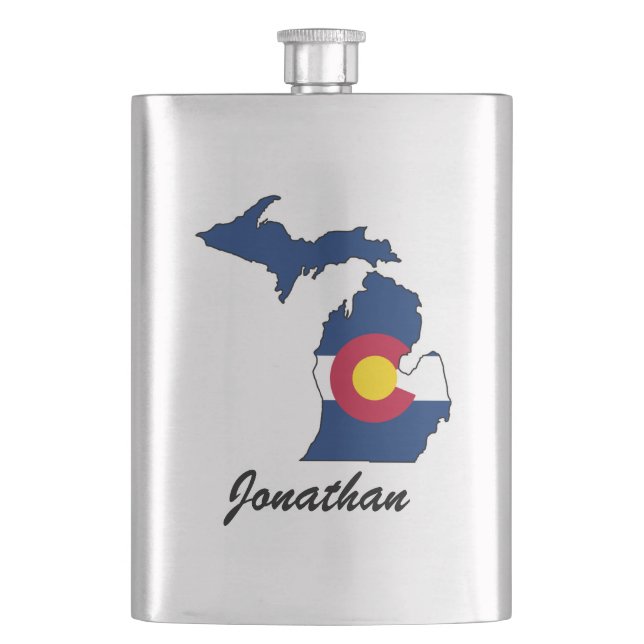 Customizable Colorado flag Michigan outline flask (Front)