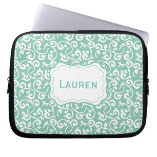 Customizable Colour Monogram Floral, Mint Green Laptop Sleeve