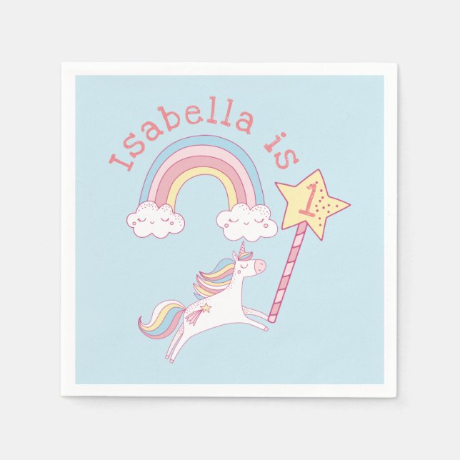 Customizable Colourful Unicorn Magic Wand Birthday Napkin (Front)