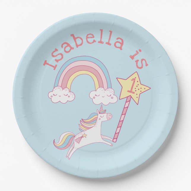 Customizable Colourful Unicorn Magic Wand Birthday Paper Plate (Front)